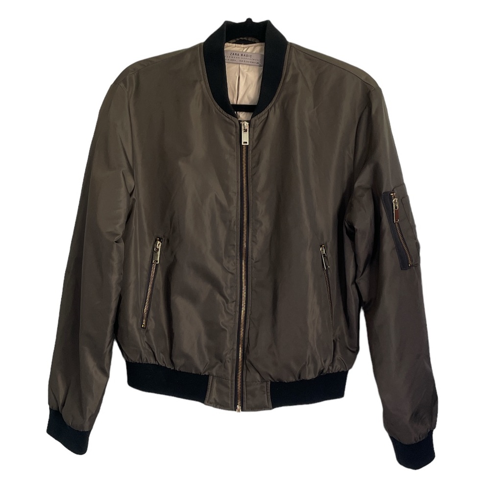 ZARA Dark Gray and Black Gold Zip Up Bomber Jacket Size Small
